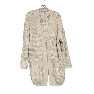 Waffle Knit Open Cardigan Sweater With Pockets